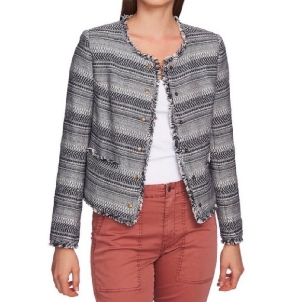 1. State Rustic Fringe Tweed Jacket Women’s Size L Snap Front Western Woven Boho
